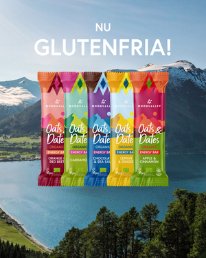 Moonvalley nu glutenfria !  En bild med deras bars som nu är glutenfria och fri från palmolja.