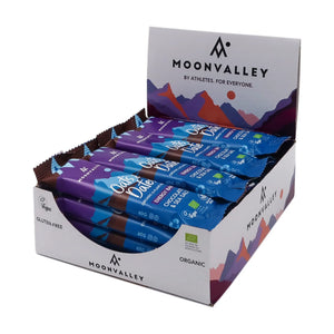 Displaylåda med Moonvalley energibars choklad och havssalt.