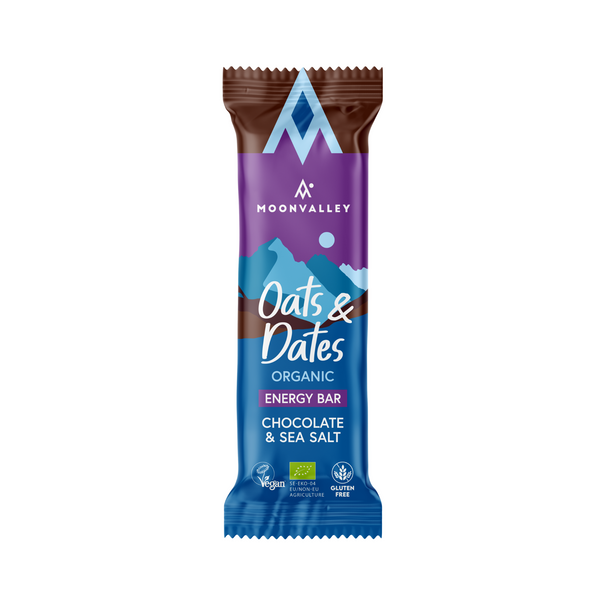 Moonvalley energibar med smak av choklad och havssalt, 12-pack.