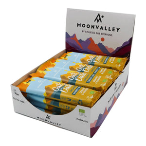 Displaylåda innehållande Moonvalley energibars med smak av citron och ingefära.