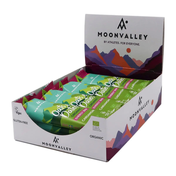 Displaylåda med Moonvalley energibars kardemumma.