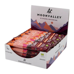 Displaylåda med Moonvalley energibars rödbeta & apelsin.