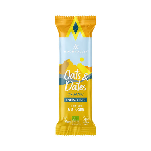 Moonvalley energibar med smak av citron och ingefära. Ekologiska, veganska, glutenfria och helt fria från sötningsmedel.