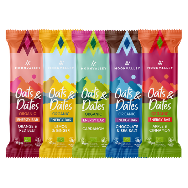 15-pack med Moonvalley energibars i olika smaker. Ekologiska, veganska, glutenfria och helt fria från sötningsmedel.