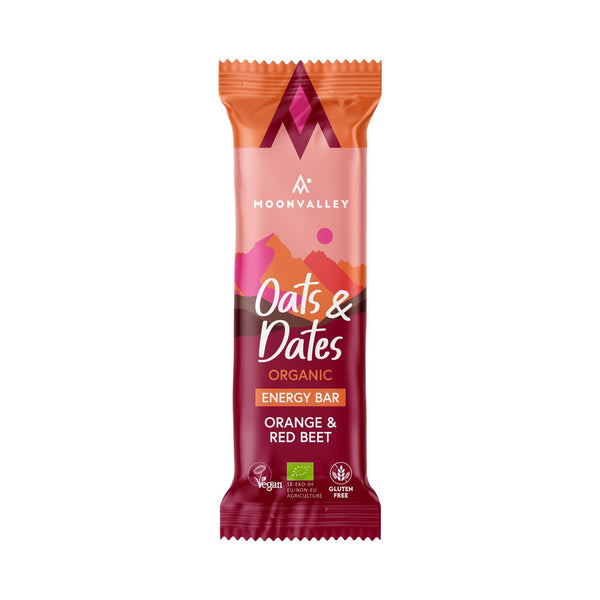 Moonvalley energibar med smak av apelsin och rödbeta. Ekologiska, veganska, glutenfria och helt fria från sötningsmedel.