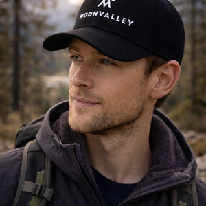 Moonvalleys keps i svart. Perfekt för skogsvandringen.