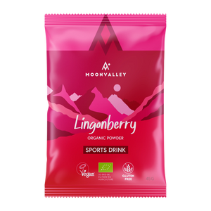 En påse Moonvalley ekologisk sportdryck med smak av lingon.