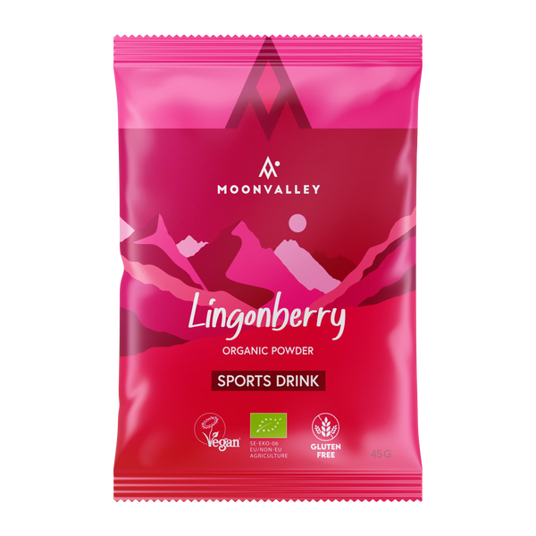 En påse Moonvalley ekologisk sportdryck med smak av lingon.